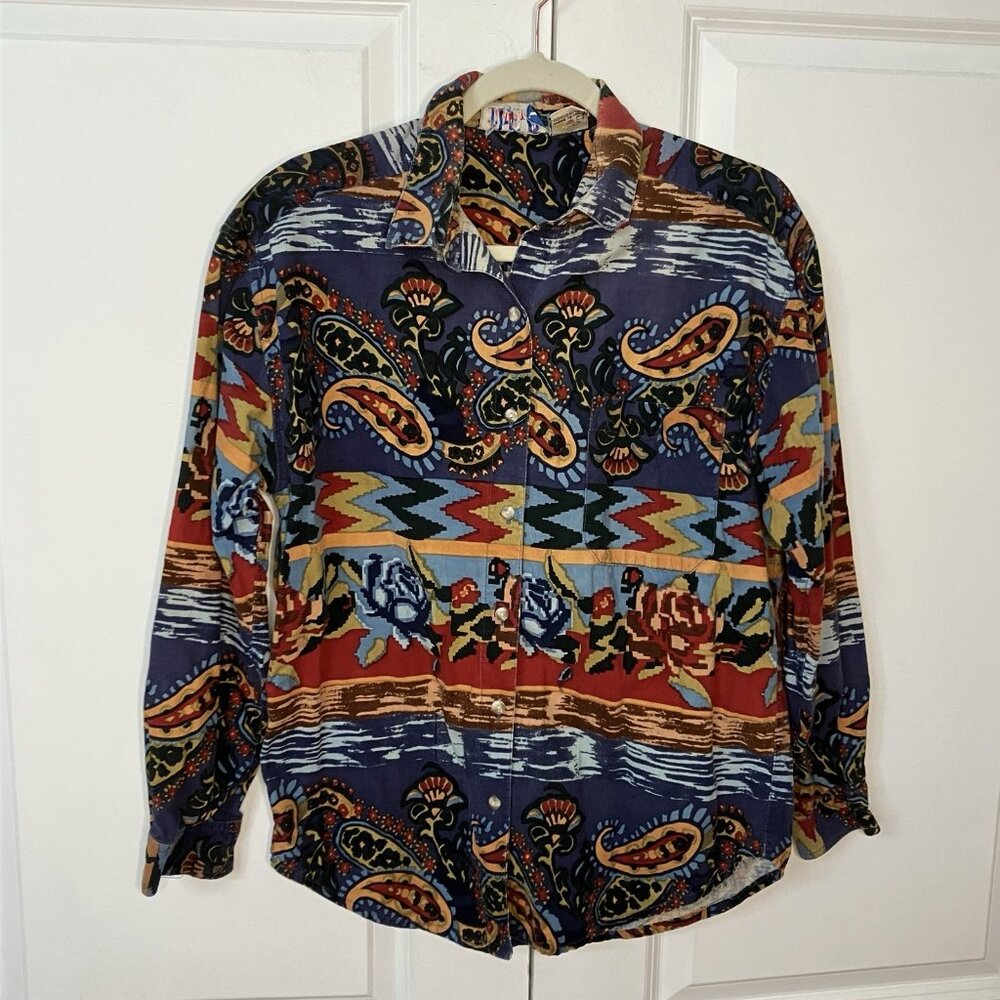 Vintage Her‎ Button Up Shirt Womens M Paisley Western Funky Long Sleeve Blouse